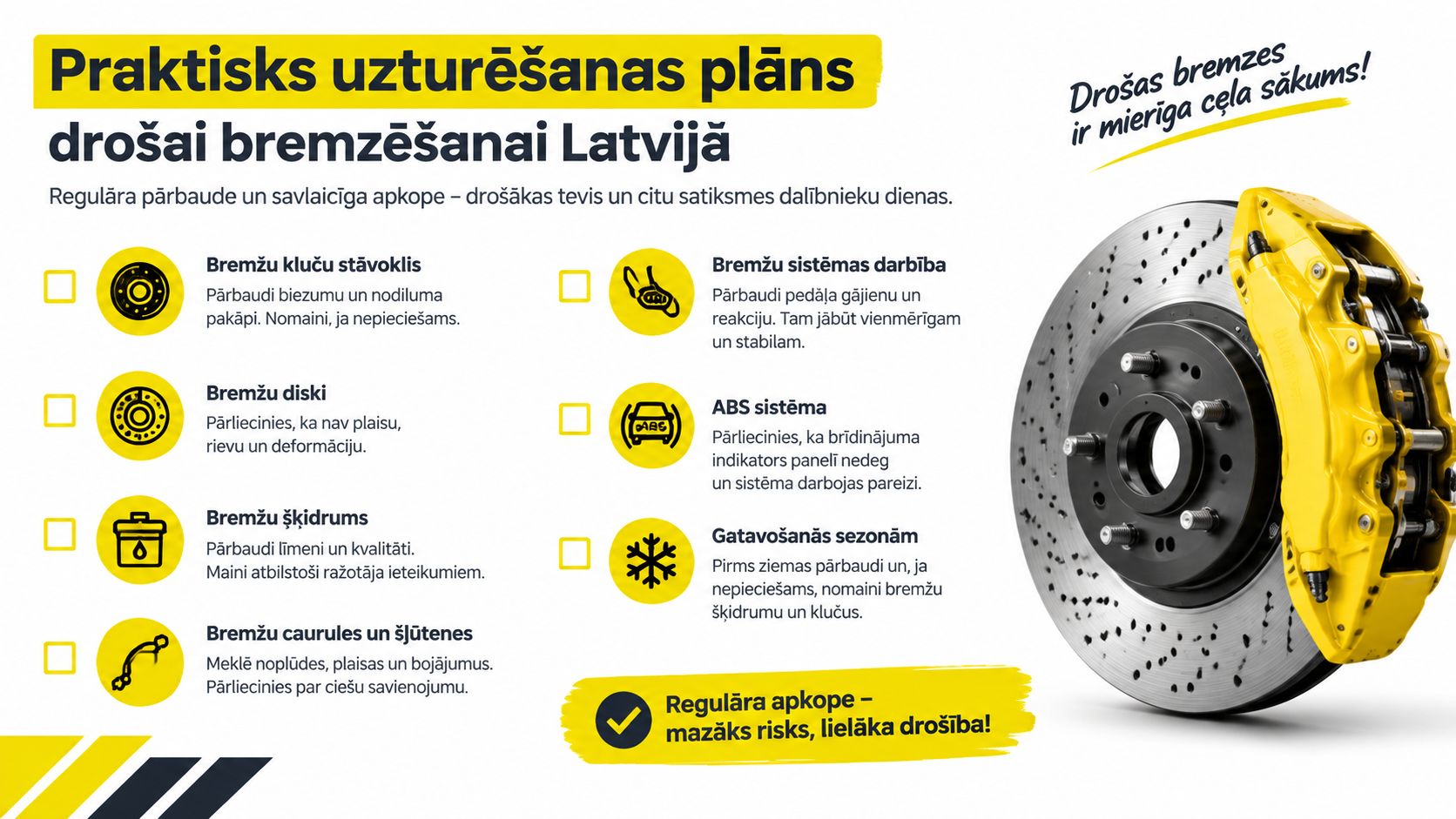 Praktisks uzturēšanas plāns drošai bremzēšanai Latvijā, kas uzsver regulāru bremžu sistēmas pārbaudi un savlaicīgu apkopi satiksmes drošībai.
