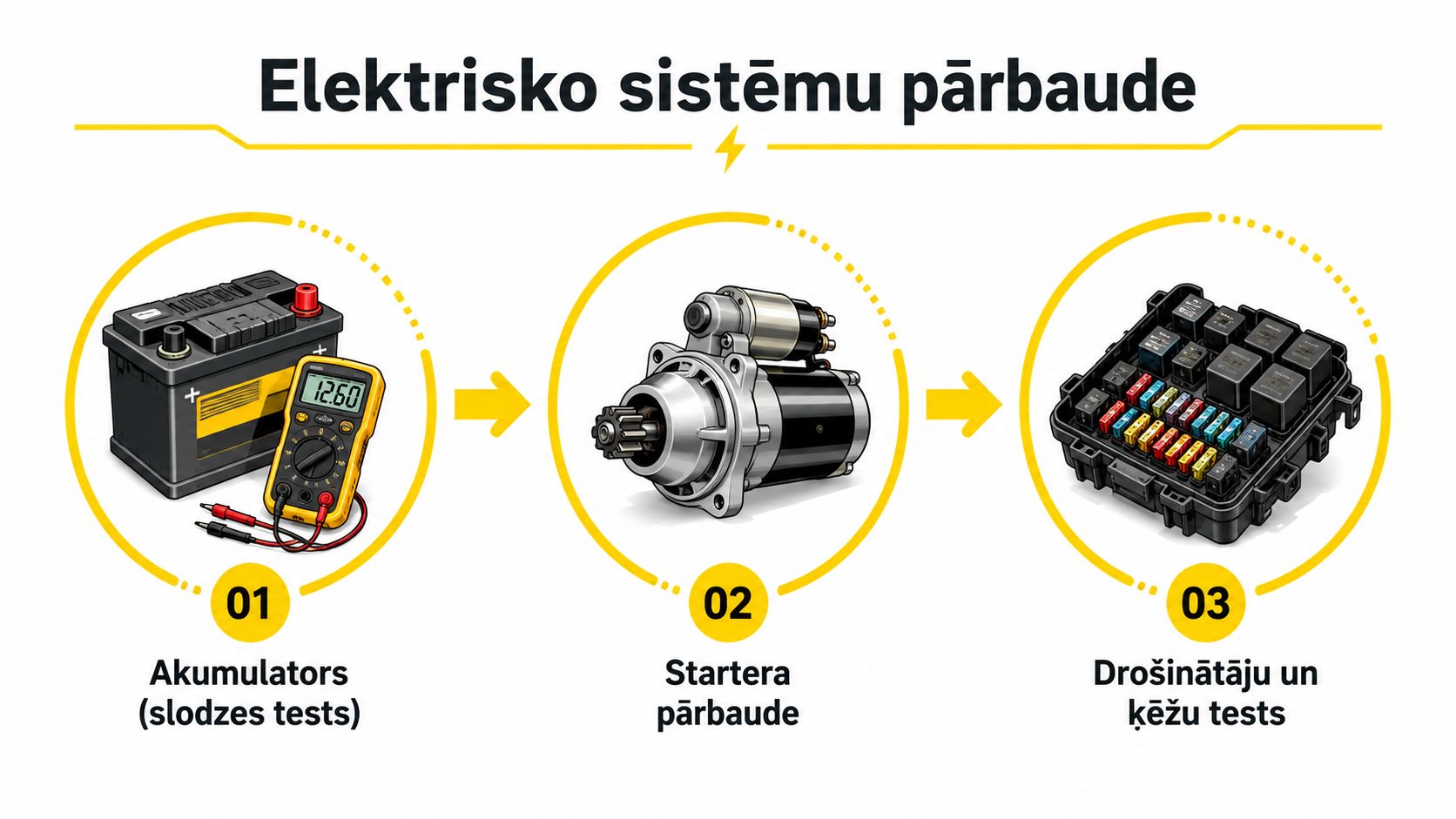 Automašīnas elektrisko sistēmu pārbaudes process, ieskaitot akumulatora, startera un drošinātāju bloka diagnostiku ar mērierīcēm.