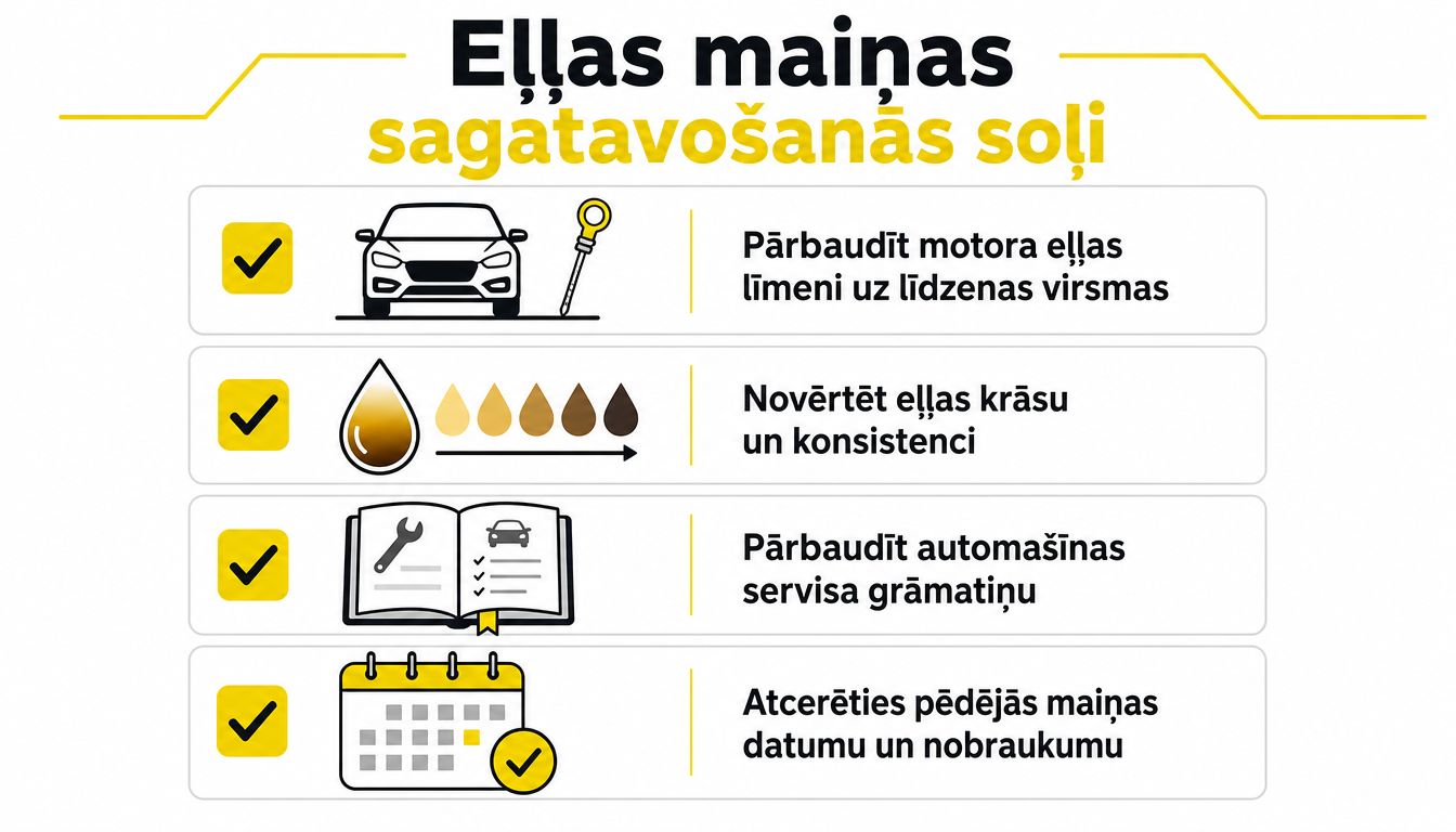 Saraksts ar četriem svarīgiem soļiem, kas jāveic pirms automašīnas motoreļļas maiņas procesa uzsākšanas.