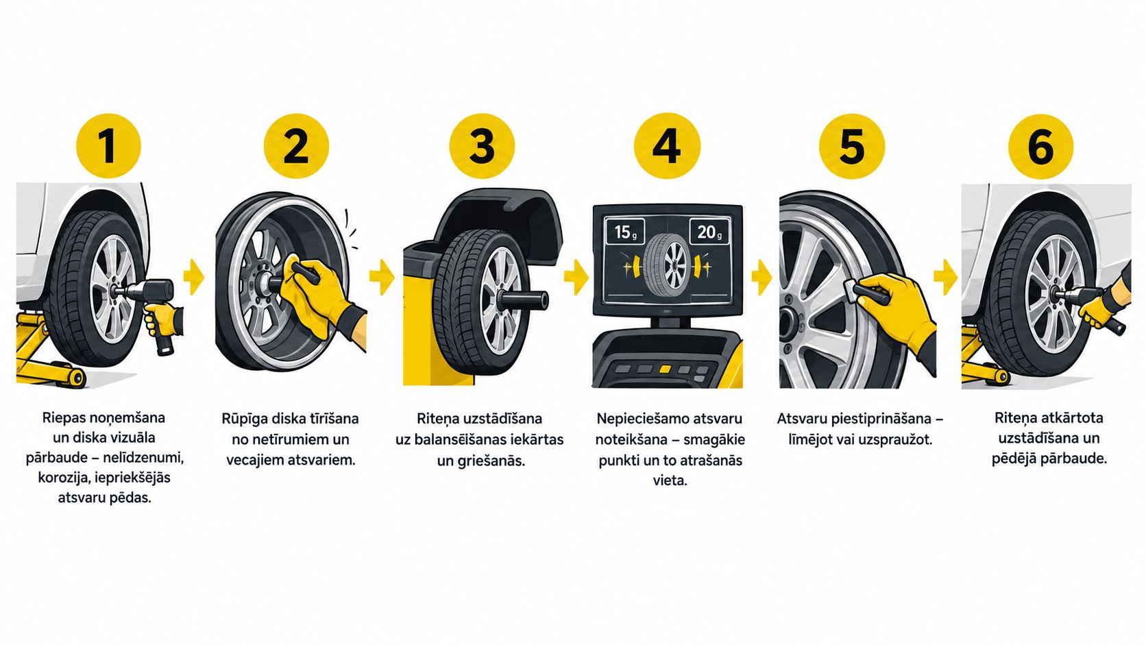 Sešu soļu grafika, kas attēlo automašīnas riteņu balansēšanas procesu, sākot no riepas noņemšanas līdz tās uzstādīšanai atpakaļ.